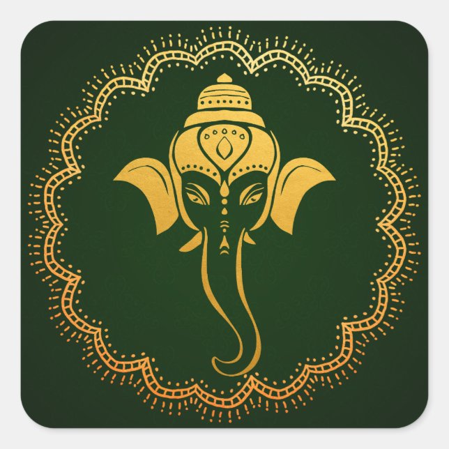Sticker Carré Gold Festive Ganesh | Mariage indien Green (Devant)