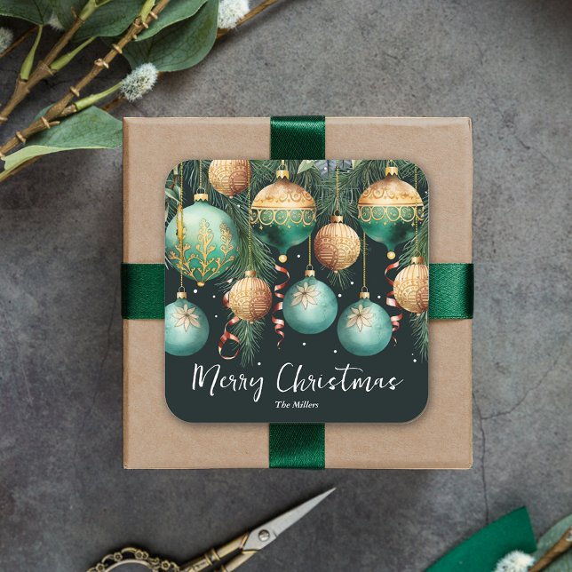 Sticker Carré Gold Green Merry Christmas Ornaments (Gold and green tree ornaments Merry Christmas square 3" stickers)