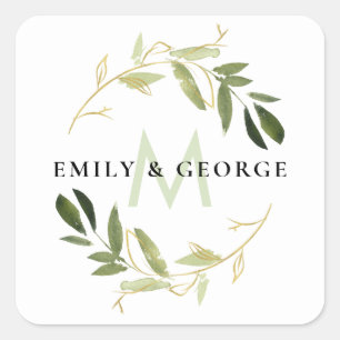 STICKER CARRÉ GOLD LIME GREEN FOLIAGE MONOGRAM WREATT MARIAGE