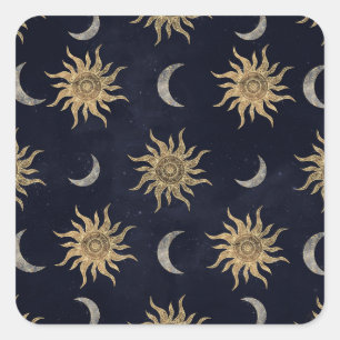 Sticker Carré Gold Moon Sun Mandala Blue Night Sky Motif