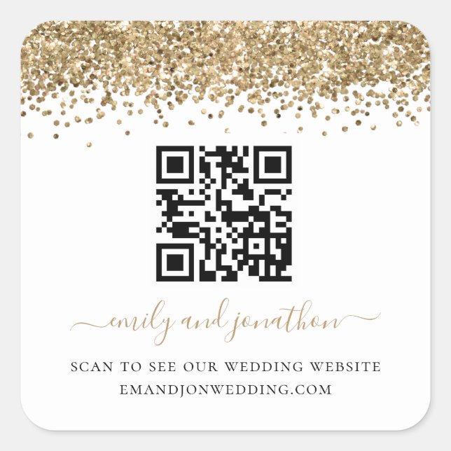 Sticker Carré Gold Parties scintillant QR Code Mariage site Web (Devant)