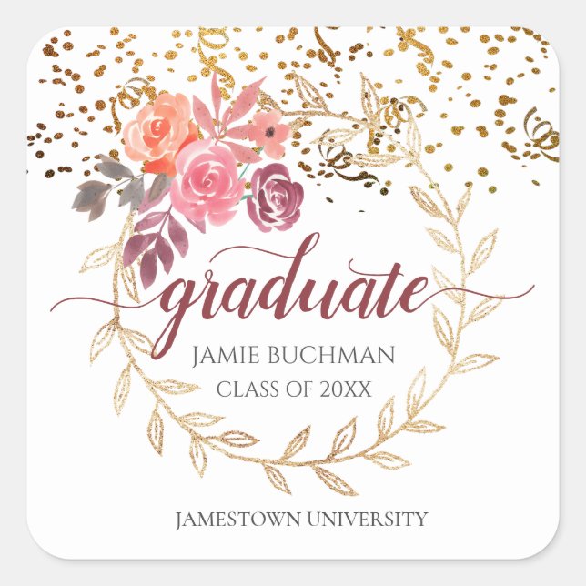 Sticker Carré Gold Parties scintillant rose Floral Graduation Pa (Devant)