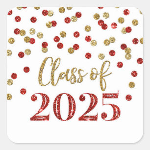 Sticker Carré Gold Red Confetti Graduation 2025