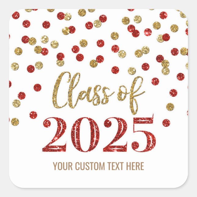 Sticker Carré Gold Red Confetti Graduation 2025 (Devant)