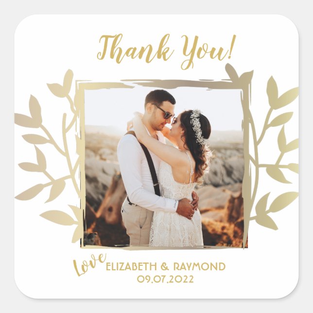 Sticker Carré Gold Rustic Merci Mariage Couple Photo (Devant)