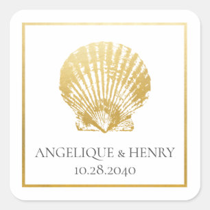 Sticker Carré Gold Seashell Elégante plage côtière