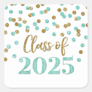 Sticker Carré Gold Turquoise Confetti Graduation 2025