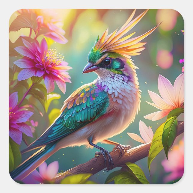 Sticker Carré Golden Crested Green Headed Finch Imaginaire Oisea (Devant)