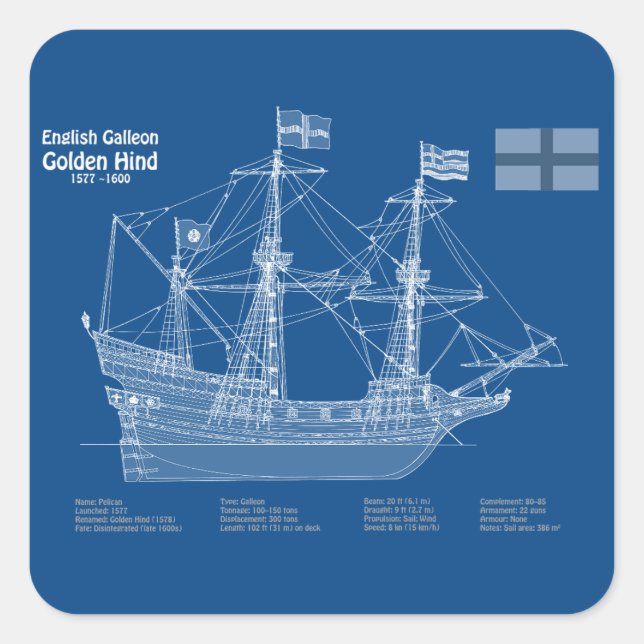 Sticker Carré Golden Hind - Plan directeur des navires ABD (Devant)