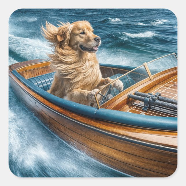 Sticker Carré Golden Retriever à bord d'un bateau en bois (Devant)