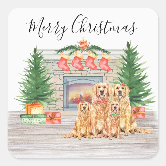 Sticker Carré Golden Retriever Amoureux des chiens Joyeux Noël (Devant)