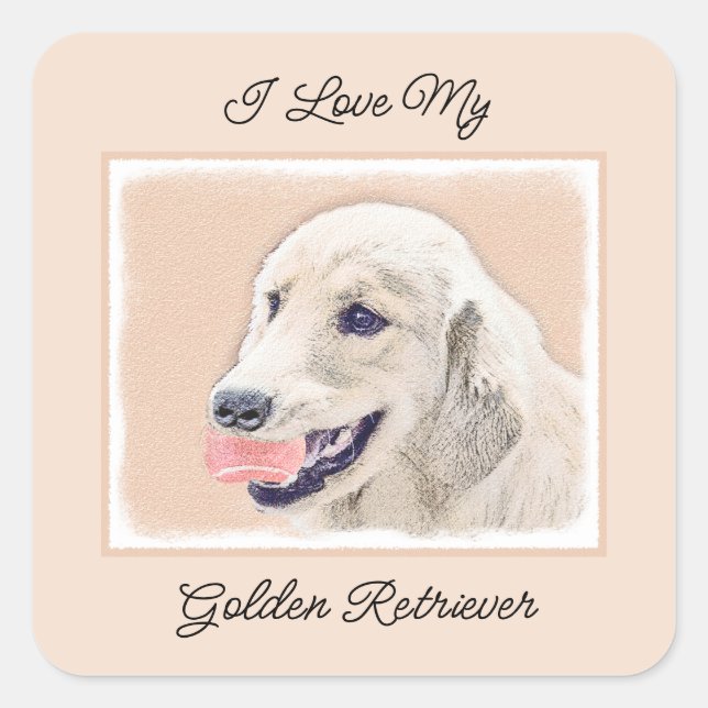 Sticker Carré Golden Retriever avec Tennis Ball Peinture Chien A (Devant)