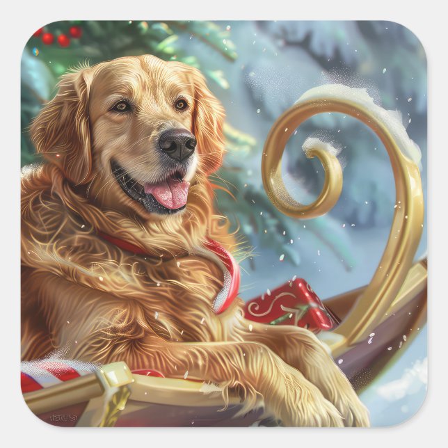 Sticker Carré Golden Retriever Chien Festif de Noël (Devant)