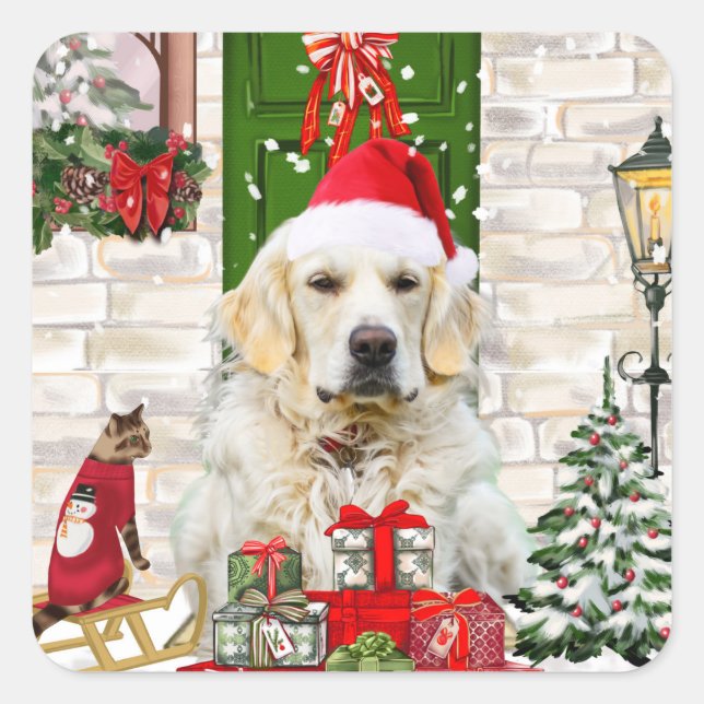 Sticker Carré Golden Retriever Chien Noël (Devant)
