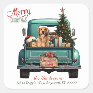 Sticker Carré Golden Retriever Chien Retro Camion Carré de Noël