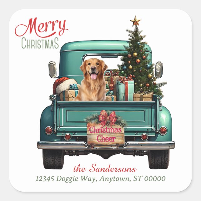 Sticker Carré Golden Retriever Chien Retro Camion Carré de Noël (Devant)