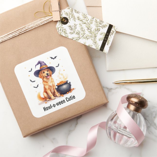 Sticker Carré Golden Retriever Chiot sorcière Halloween Aquarell (Cadeaux)