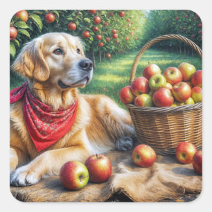 Sticker Carré Golden Retriever dans Apple Orchard