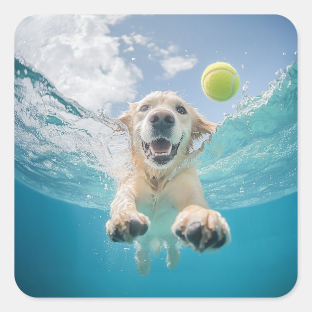 Sticker Carré Golden Retriever Diving Tennis Ball Sous l'eau (Devant)