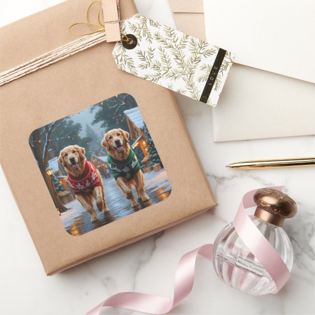 Sticker Carré Golden Retriever Dogs Christmas Snow Holiday (Cadeaux)