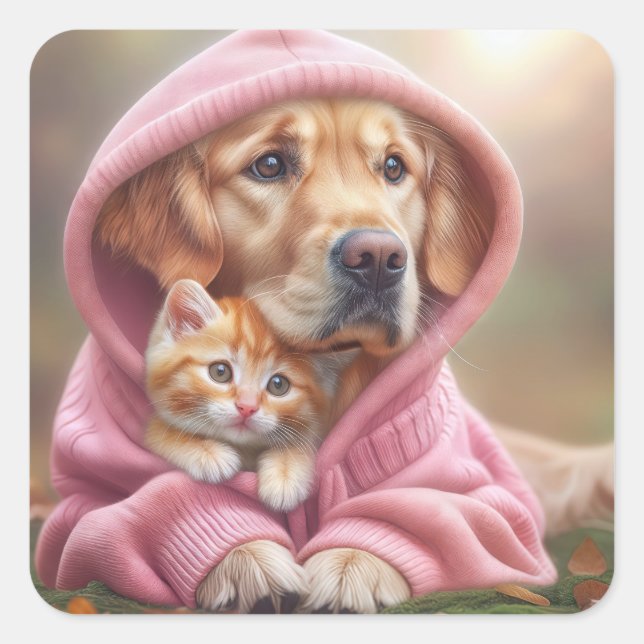 Sticker Carré Golden Retriever et Kitten en Sweat - shirt à capu (Devant)