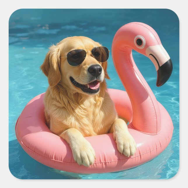 Sticker Carré Golden Retriever Floating On a Flamingo Pool Toy (Devant)