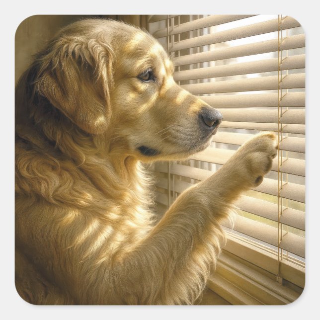 Sticker Carré Golden Retriever Peeking Through Blinds (Devant)