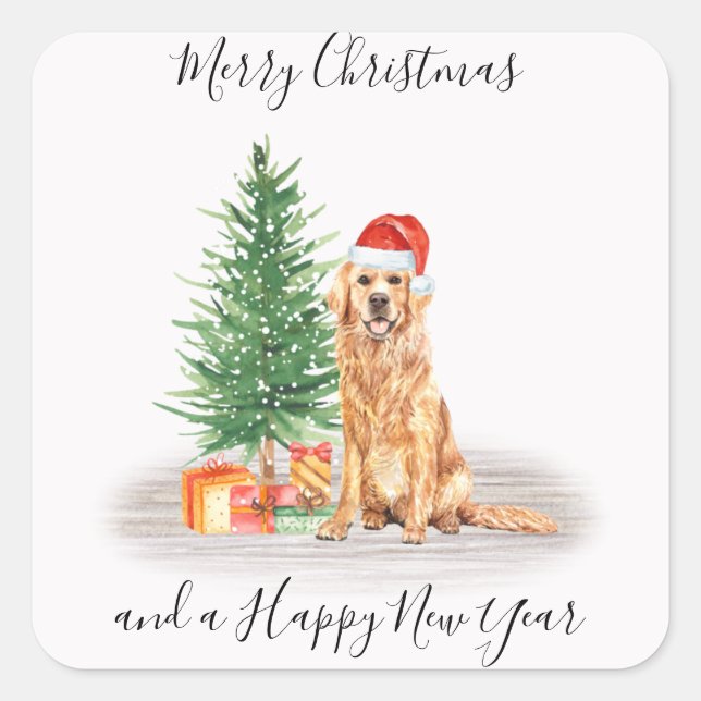 Sticker Carré Golden Retriever Père Noël Chien Joyeux Noël (Devant)