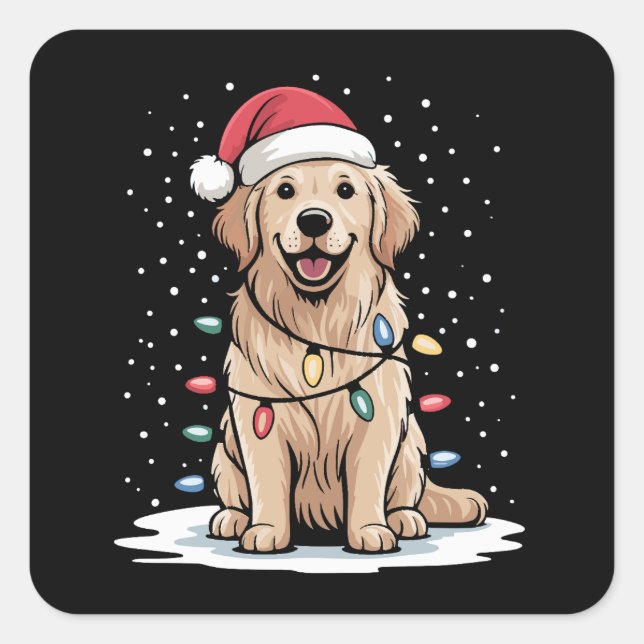 Sticker Carré Golden Retriever Père Noël Noël Arbre Lumières Noë (Devant)
