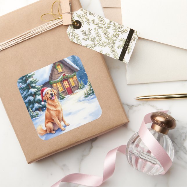 Sticker Carré Golden Retriever Rustic Cabin Santa Hat Christmas (Cadeaux)