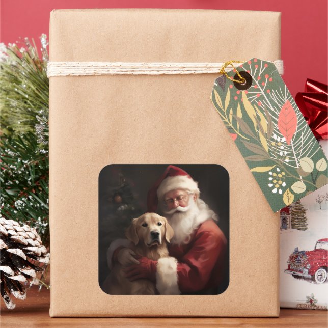 Sticker Carré Golden Retriever with Santa Clause Christmas (vacances)