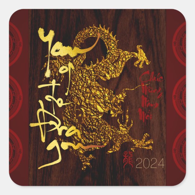 Sticker Carré Golden Vietnamese Bois Dragon Nouvel An 2024 SqS2 (Devant)