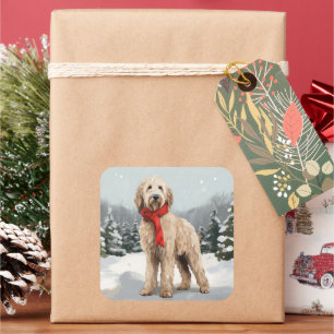Sticker Carré Goldendoodle dans la neige à Noël