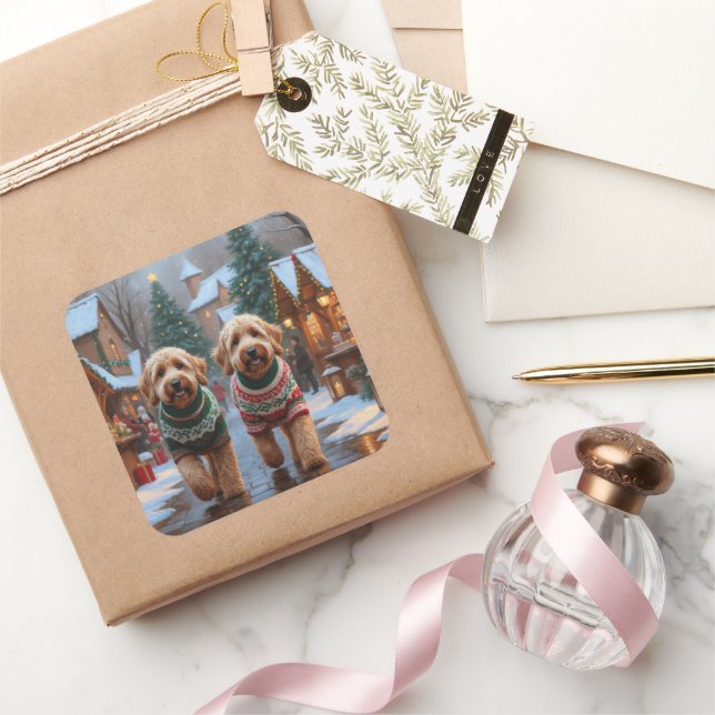 Sticker Carré Goldendoodle Dogs Christmas Snow Holiday (Cadeaux)