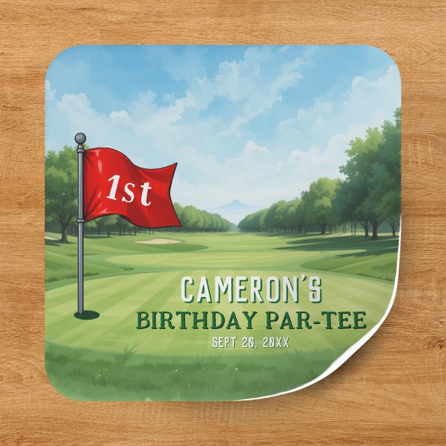 Sticker Carré Golf 1er Anniversaire Trou De Fête En Un (Golf 1st Birthday Party Hole In One Square Sticker
)
