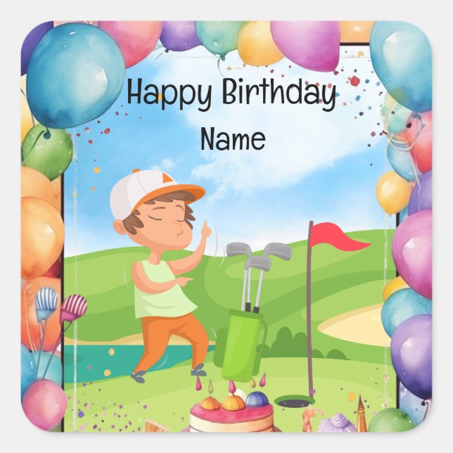 Sticker Carré Golf Anniversaire thème pour enfants golfeur (Devant)