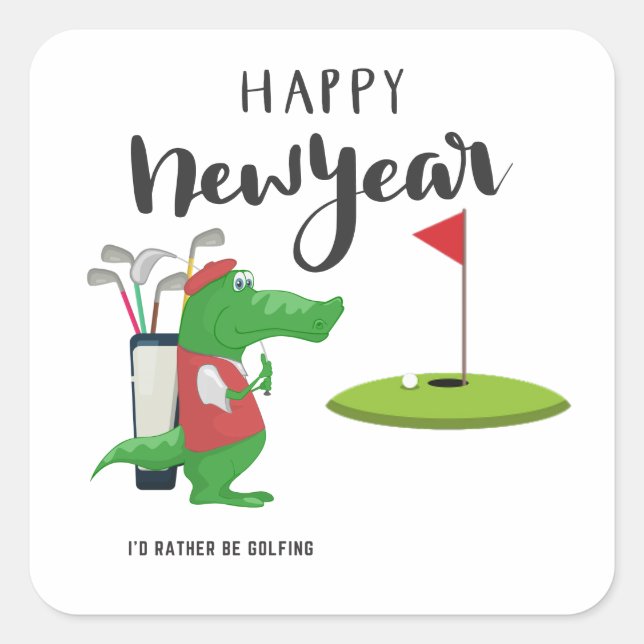 Sticker Carré Golf Bonne année avec un golfeur de crocodile au d (Devant)