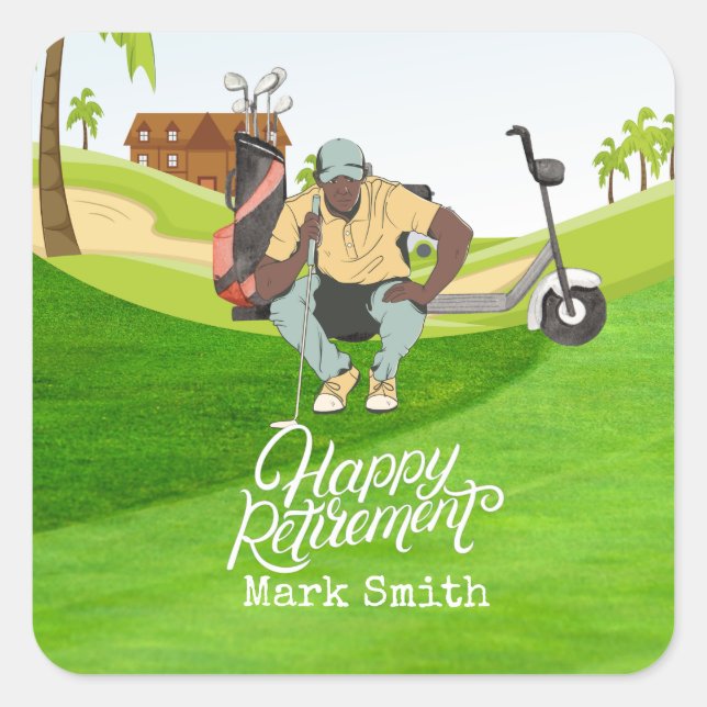 Sticker Carré Golf Bonne retraite avec golfeur regarde la balle (Devant)