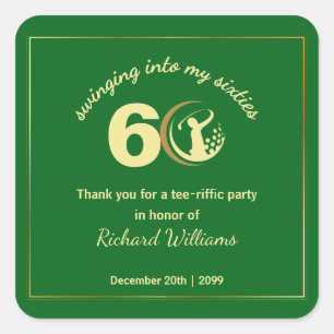 Sticker Carré Golf Classic Vert Joueur Doré 60e Anniversaire  In