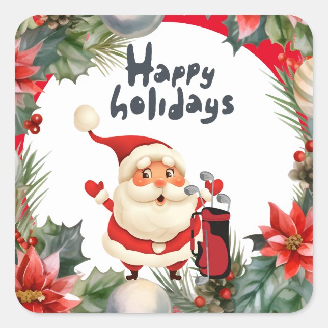Sticker Carré Golf Joyeux Noël avec le golf du Père Noël (Devant)