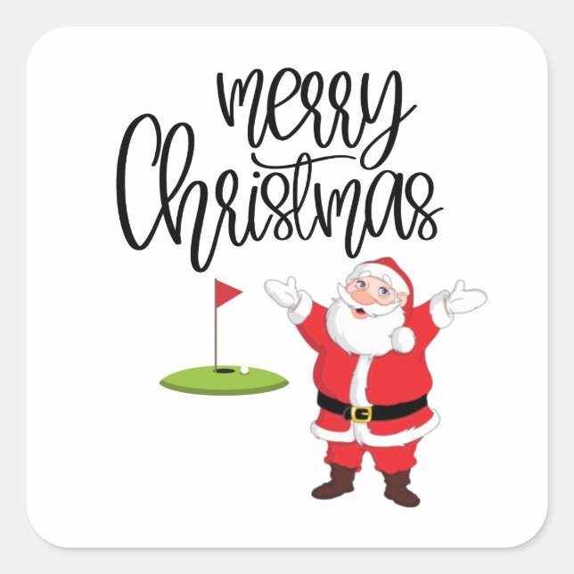 Sticker Carré Golf Joyeux Noël avec le Père Noël au drapeau (Devant)
