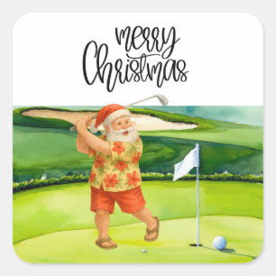 Sticker Carré Golf Joyeux Noël avec le Père Noël au drapeau