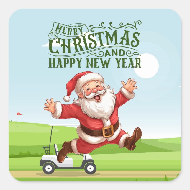 Sticker Carré Golf Joyeux Noël avec Père Noël équitation voiture (Devant)