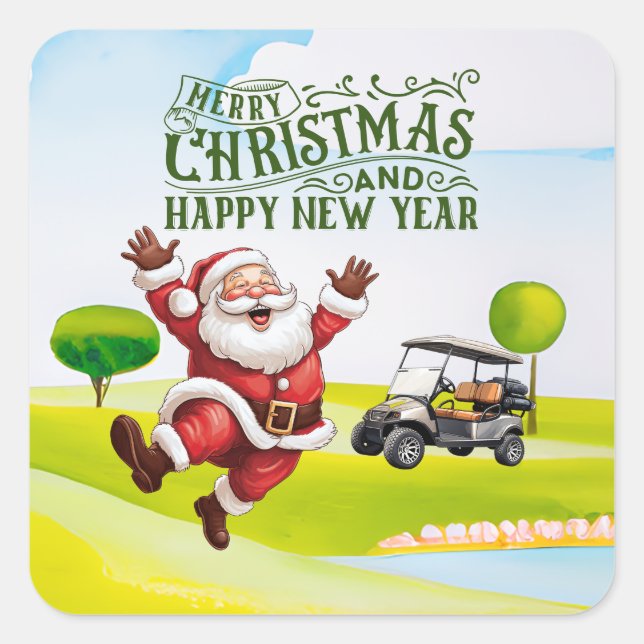 Sticker Carré Golf Joyeux Noël avec Père Noël équitation voiture (Devant)