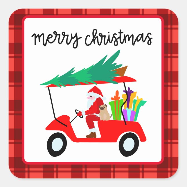 Sticker Carré Golf Joyeux Noël avec Père Noël équitation voiture (Devant)
