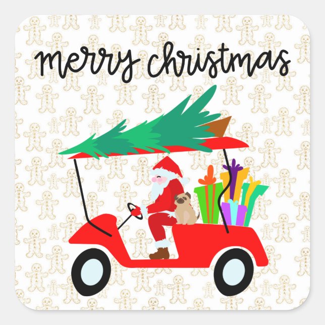Sticker Carré Golf Joyeux Noël avec Père Noël équitation voiture (Devant)