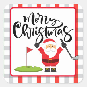 Sticker Carré Golf Joyeux Noël avec Père Noël jouant au golf