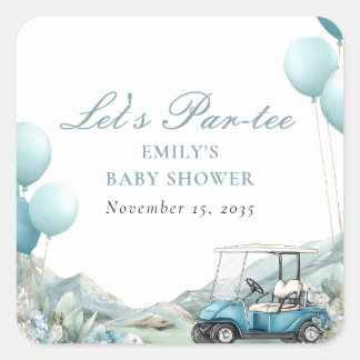 Sticker Carré Golf Let's Par-tee Blue Baby Shower