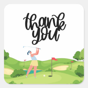 Sticker Carré Golf merci avec une femme golfeuse mise en vert