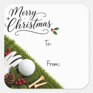 Sticker Carré Golf Noël avec chapeau de Père Noël sur le vert